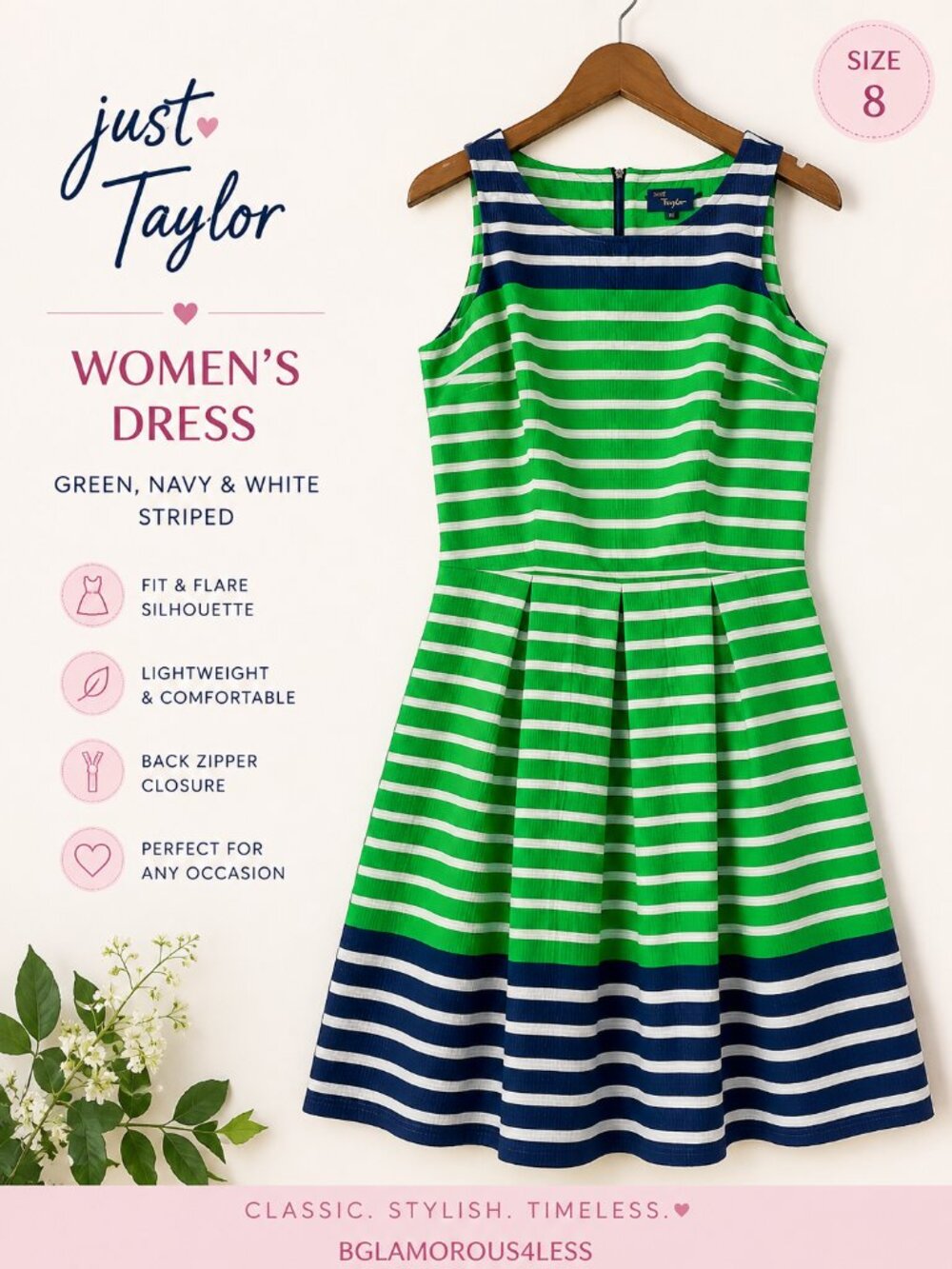 Just Taylor Size 8 Green Navy Striped Fit & Flare Dress, 100% Cotton.